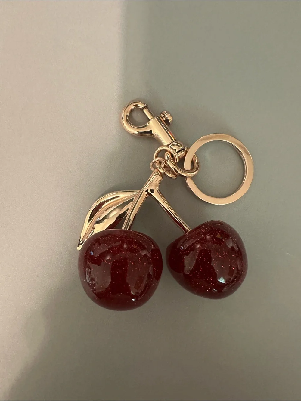 Rose Gold-Tone Cherry Keyring with Deep Red Sparkling Cherries